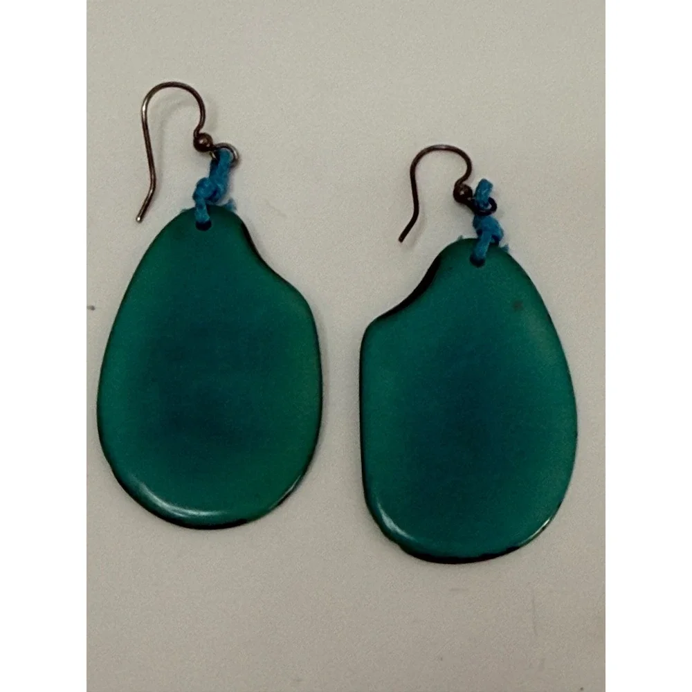 Tagua Nut Organic Pebble Drop Earrings Bronze Tone Fishhook Boho Artisanal Teal